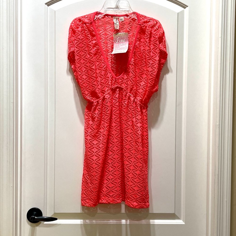 NEW Miken Bright Coral Open Woven Knit Swim Cover Dress NWT Small